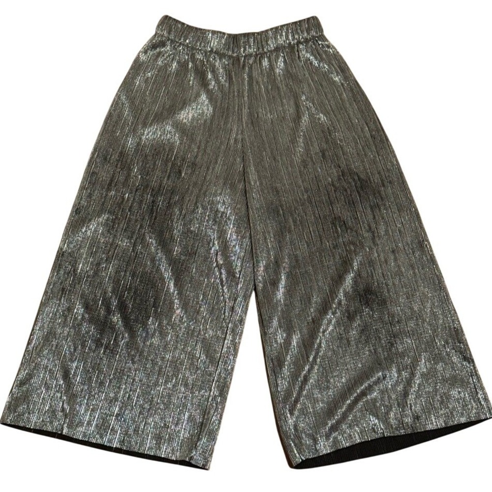 Zara Trafaluc Metallic Shiny Silver Plisse Culottes Pants Size S NWOT Festive